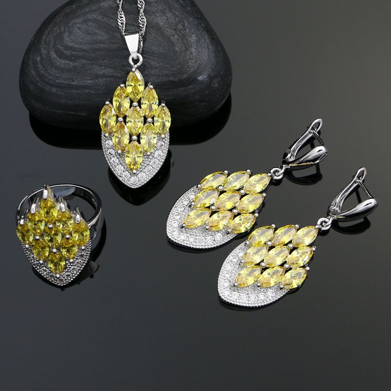 Party 925 Sterling Silver Jewelry Sets For Women Yellow Cubic Zirconia White Crystal Earrings Ring Necklace Pendant Set