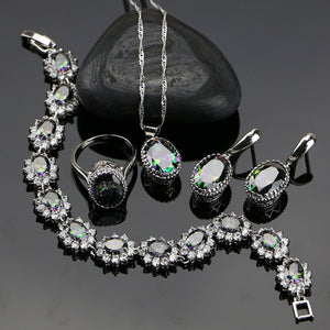 Mystic 925 Sterling Silver Women Jewelry Sets With Rainbow Fire Cubic Zirconia Pendant/Earrings/Ring/Necklace/Bracelet Gift Box