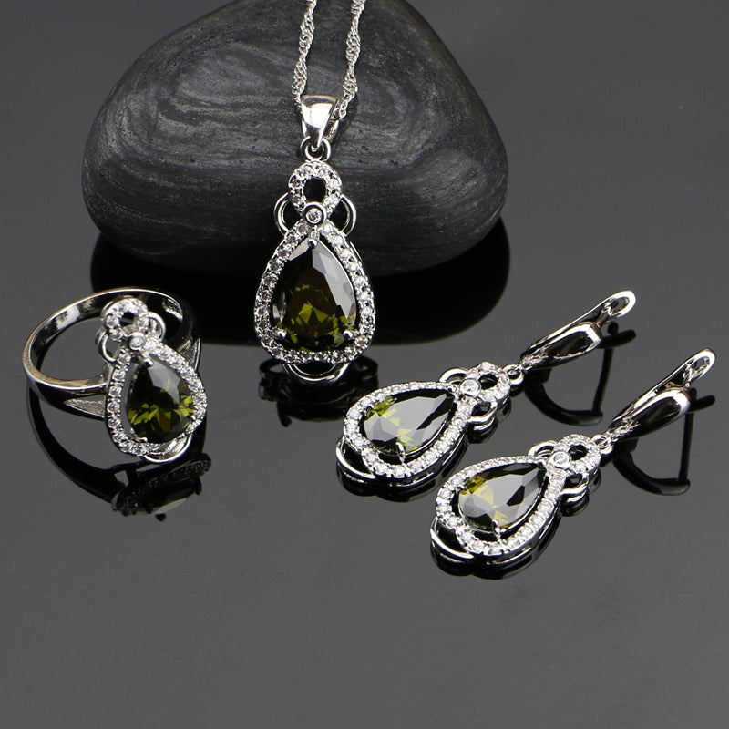 Olive Green Cubic Zirconia White CZ 925 Sterling Silver Jewelry Sets For Women Wedding Earrings/Rings/Pendant/Necklace