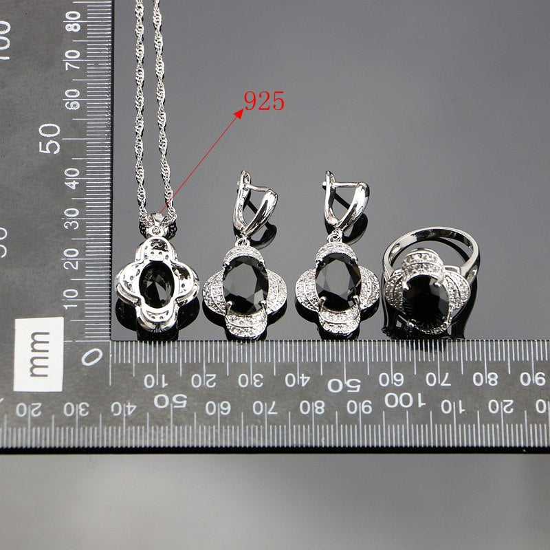 Black Cubic Zirconia White CZ Bridal 925 Sterling Silver Jewelry Sets For Women Earrings/Pendant/Ring/Bracelet/Necklace