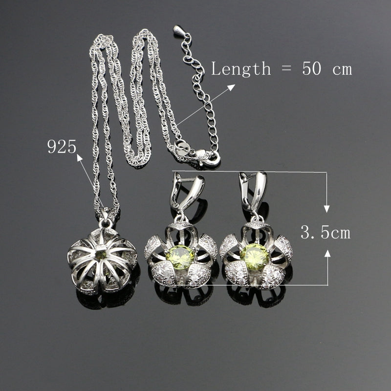 Olive Green Cubic Zirconia White Crystal Flower 925 Silver Jewelry Sets For Women Wedding Earrings/Rings/Pendant/Necklace Set