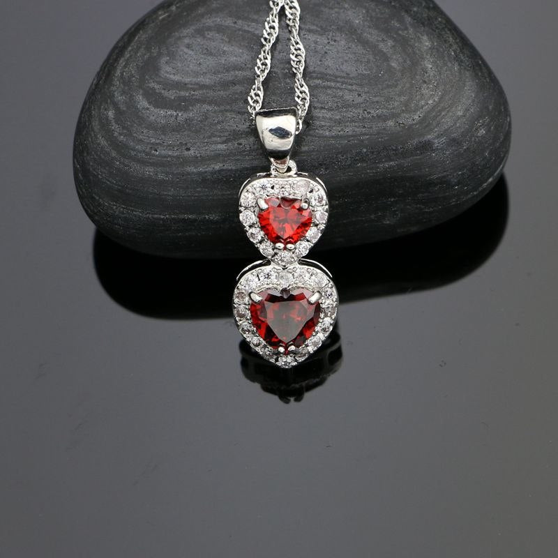 925 Sterling Silver Bridal Jewelry Sets For Women Heart Shaped Red Stone White Crystal Earrings/Rings/Pendant/Necklace Set