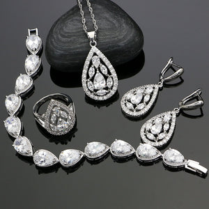 luxury Silver 925 Jewelry White Cubic Zirconia With Crystal Beads Jewelry Sets Women Earrings/Pendant/Necklace/Ring/Bracelet 