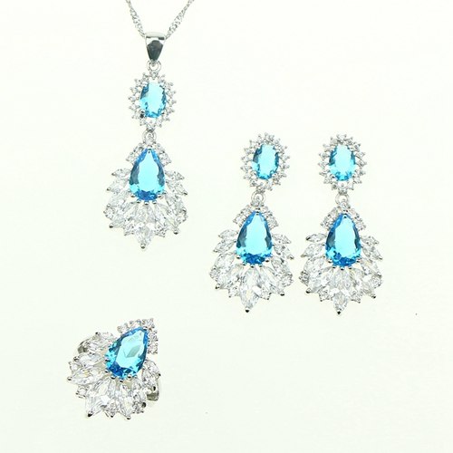 Bride 925 Sterling Silver Women 4PCS Jewelry Sets Natural Blue Crystal Zircon Necklace/Pendant/Earrings/Ring/Bracelet Gift Box