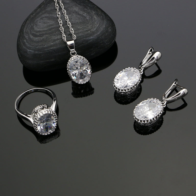 Silver 925 Jewelry Oval White Crystal Zircon Jewelry Sets For Women Ring/Pendant/Earrings/Necklace Set