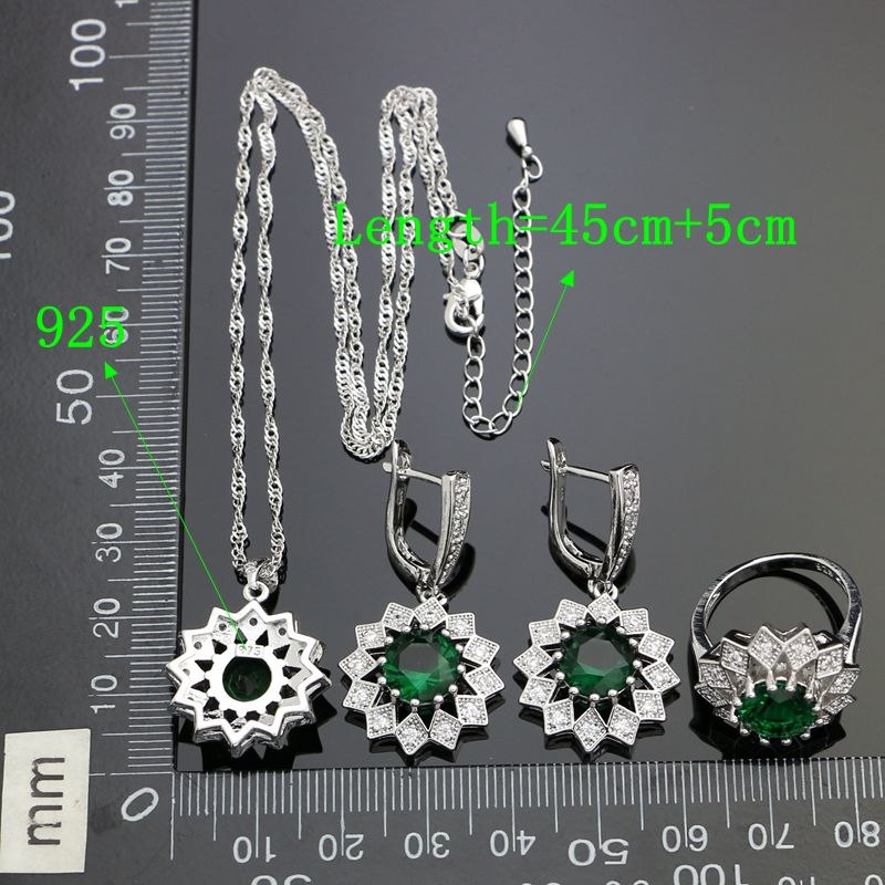 925 Sterling Silver Jewelry Sets For Bride Natural Green Cubic Zirconia White Crystal Earrings Ring Necklace Pendant