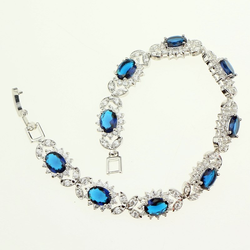 Bridal Trendy Blue Created Stone White Zircon 19cm 925 Sterling Silver Bracelets For Women Jewelry Free Gift Box