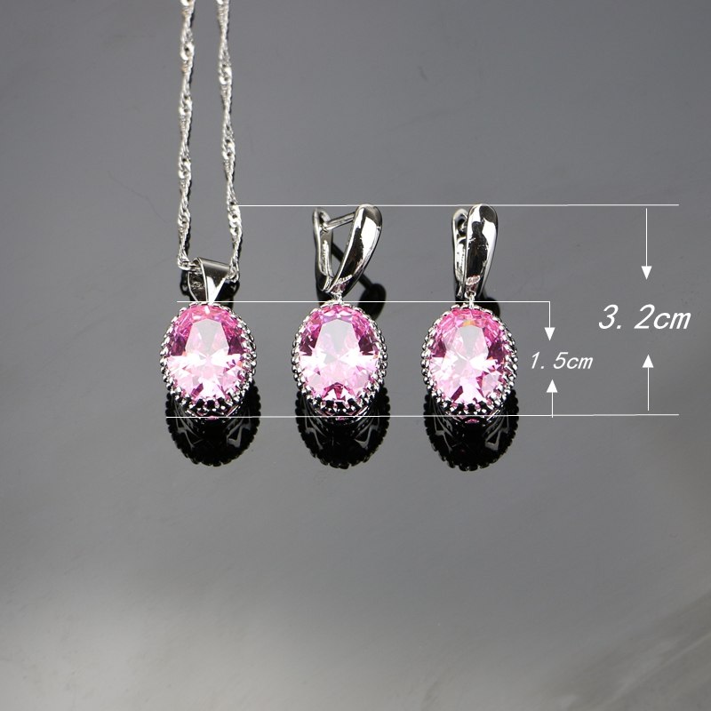 Oval Pink Crystal White Zircon Created Sterling Silver 925 Wedding Jewelry Sets For Women Earrings/Ring/Necklace Free Gift Box