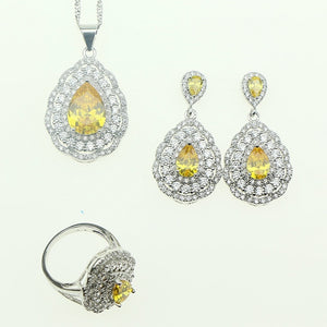 Fashion Women 925 Sterling Silver Jewelery Yellow Cubic Zirconia Crystal Earrings/Pendant/Necklace/Ring Jewelry Sets 