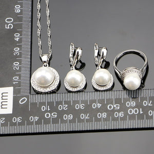 Caucasian Simulated Pearl Ball Beads Jewelry 925 Sterling silver Jewelry Sets For Women Earrings/Rings/Pendant/Necklace Set