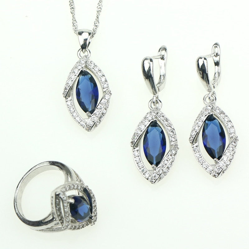 Lozenge 925 Sterling Silver Jewelry Sets Blue Cubic Zirconia White Crystal Jewelery For Women Earrings/Pendant/Necklace/Ring 