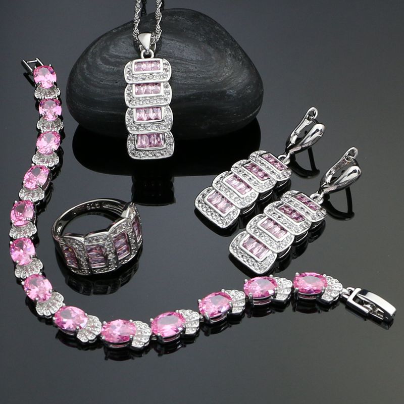 925 Silver Party Jewelry Sets For Women White Crystal Pink Cubic zirconia Drop Earrings/Pendant/Necklace/Ring/Bracelet Set