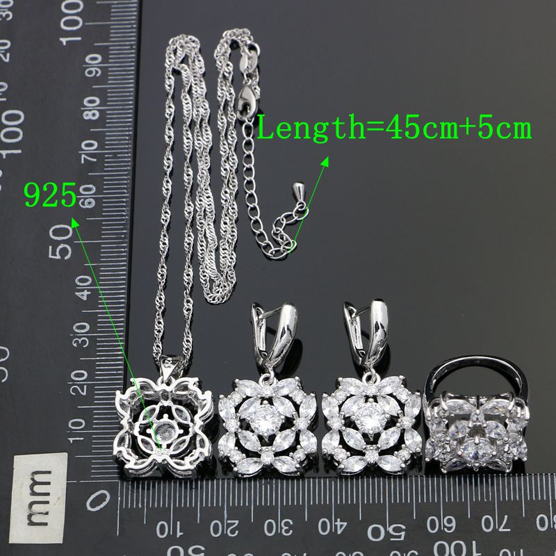 Wedding 925 Sterling Silver Bridal Jewelry Sets For Women White Cubic Zirconia Earrings Ring Necklace Pendant Set