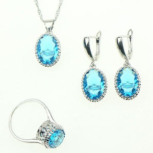 Oval Natural Sky Blue Zircon 925 Sterling Silver Jewelry Sets For Women Wedding Earrings/Rings/Bracelet/Necklace Set