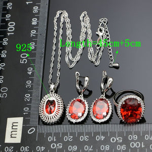 Round Red Stone White Crystal 925 Sterling Silver Bridal Jewelry Sets For Women Earrings Pendant Ring Necklace Set