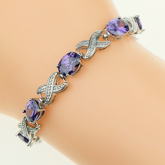 Captivating Purple Natural Crystal White Zircon Created 925 Sterling Silver Jewelry Link Chain Bracelet 18.5cm Free Gift Box