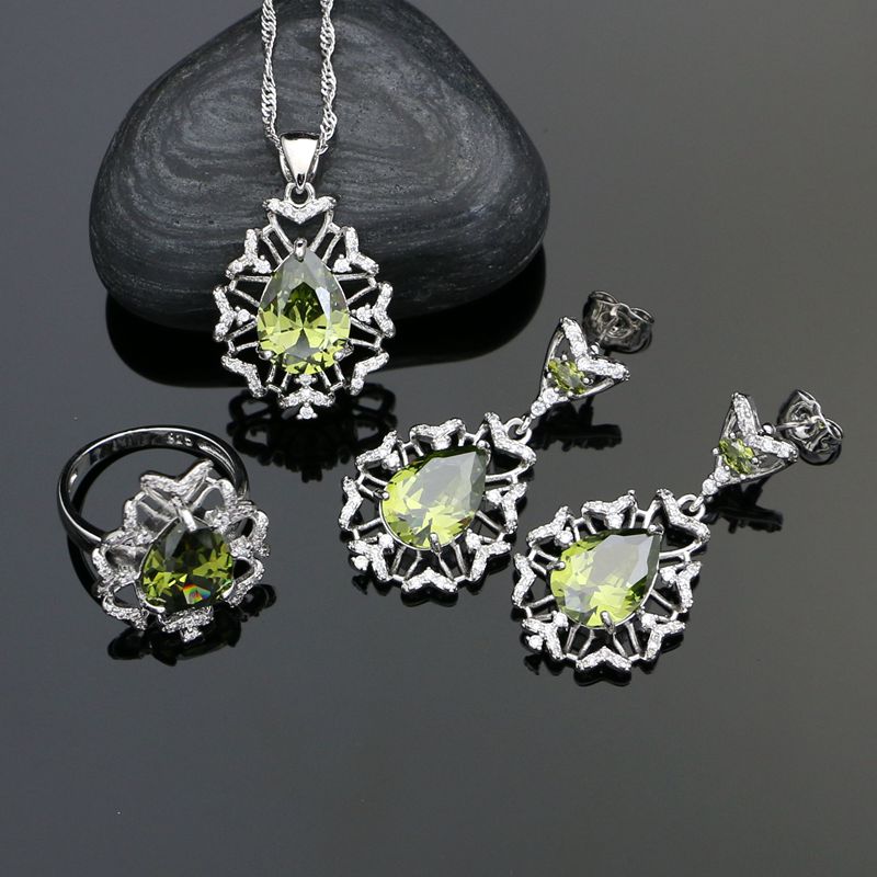 Silver 925 Jewelry Sets For Women Olive Green Cubic Zirconia White Crystal Water Drop Earrings Ring Necklace Pendant Set