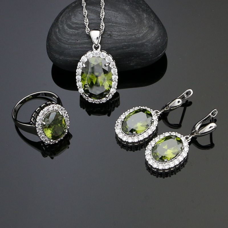 Olive Green Cubic zirconia White Crystal 925 Sterling Silver Jewelry Sets For Women Engagement Earrings Pendant Ring Necklace