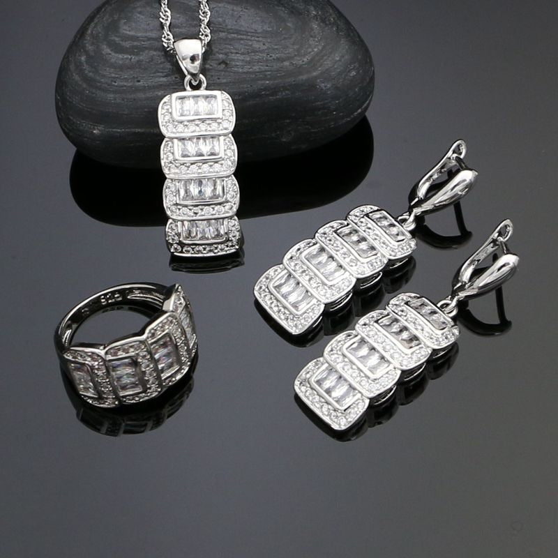 Classic 925 Sterling Silver Wedding Jewelry Sets For Women White Crystal Drop Earrings/Rings/Pendant/Necklace Set