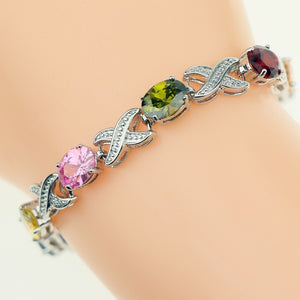 Multicolor Multigem Cubic Zirconia jewelry 925 Sterling Silver Jewelry Link Chain Bracelet Length 18.5cm Free Gift Box