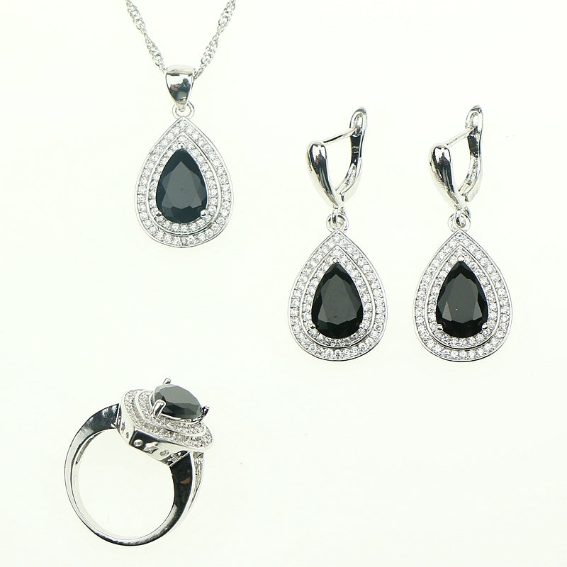 White Zircon Black Crystal Created Water Drop Sterling Silver 925 Jewelry Set Necklace/Pendant/Earrings/Ring For Women Free Box