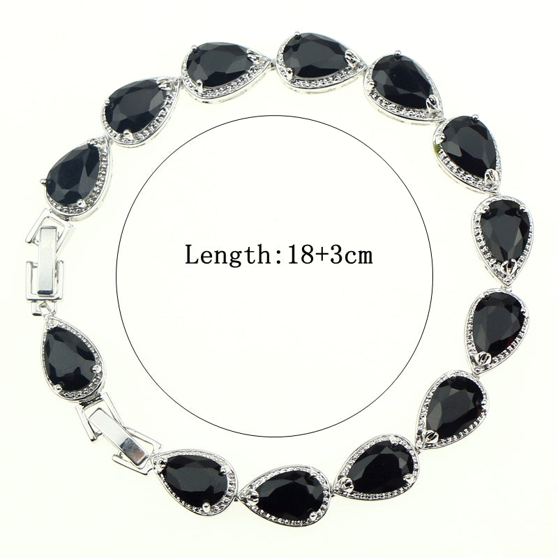 Water Drop Black Stone White Zircon Created 925 Sterling Silver Jewelry Link Chain 18 21cm Bracelet For Women Jewelry Free Box