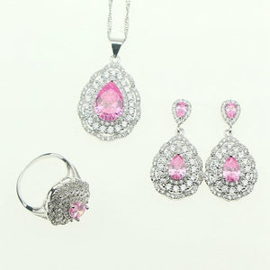 Fashion Women 925 Sterling Silver Jewelery Pink Cubic Zirconia Crystal Earrings/Pendant/Necklace/Ring/Bracelet Jewelry Sets