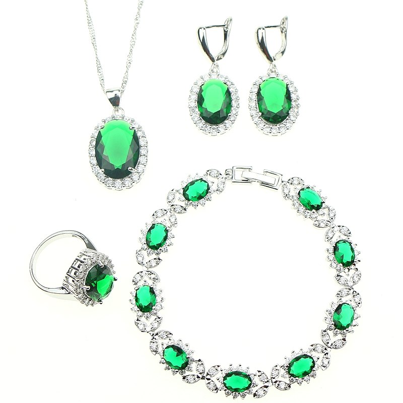 925 Sterling Silver GreenCubic zirconia Created Jewelry Sets For Women Wendding Earrings/Pendant/Necklace/Ring/Bracelet Gift Box