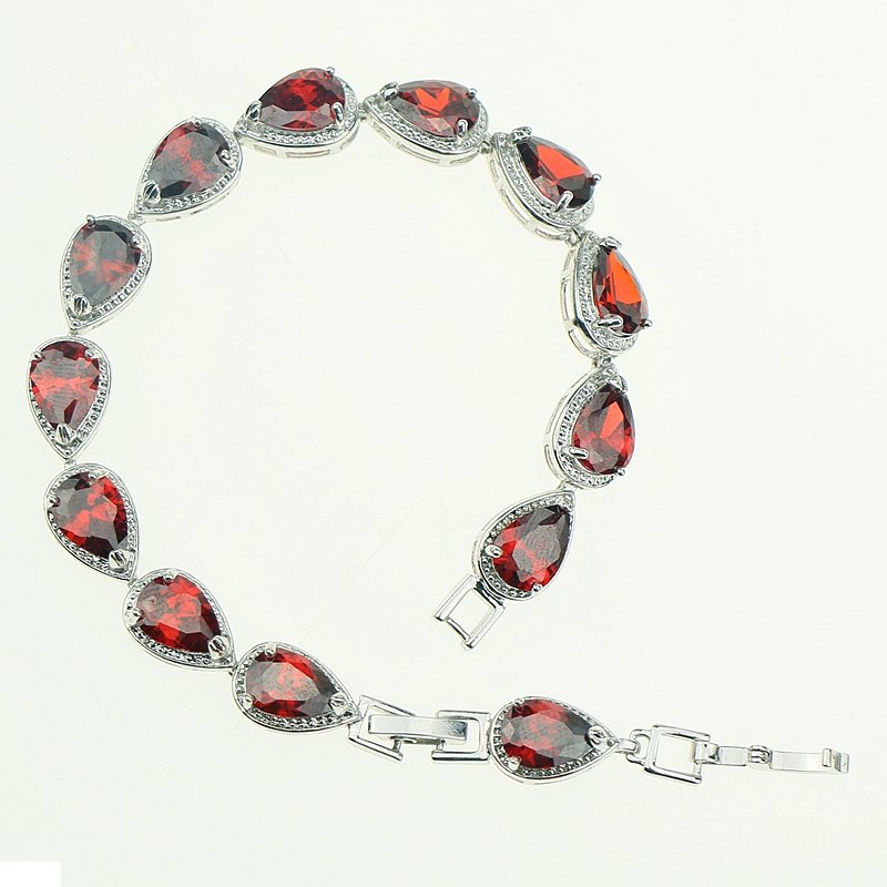 Water Drop Red Garnet CZ 925 Sterling Silver Jewelry Length 18cm 21cm Link Chain Bracelet For Women Free Gift Box