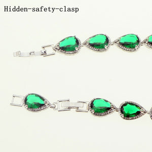 Water Drop Simulated Green CZ Jewelery 925 Sterling Silver Jewelry Link Chain 18cm 21cm Bracelet For Women Free Gift Box