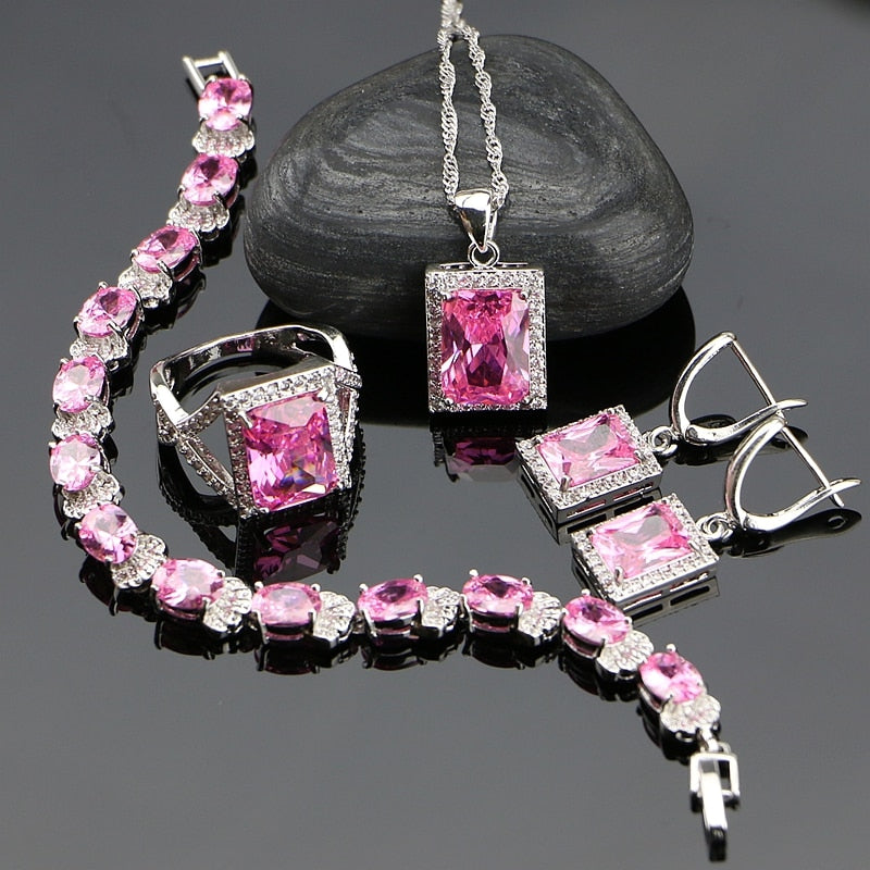 Pink Cubic Zirconia White CZ Beads 925 Sterling Silver Jewelry Sets For Women Earrings/Rings/Bracelet/Pendant/Necklace Set