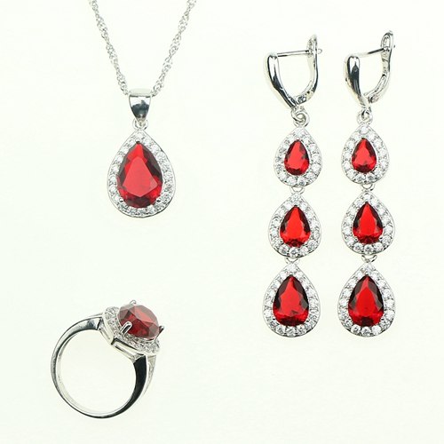 Women Drop Red Garnet White Zircon Created 925 Sterling-Silver-Jewelry Sets Bracelet/Earrings/Pendant/Necklace/Rings Free Box