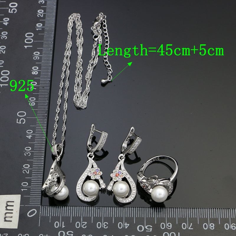 925 Silver Bridal Jewelry Sets Multicolor CZ Flower White Pearl Beads For Women Wedding Earrings Pendant Necklace Bracelet Ring