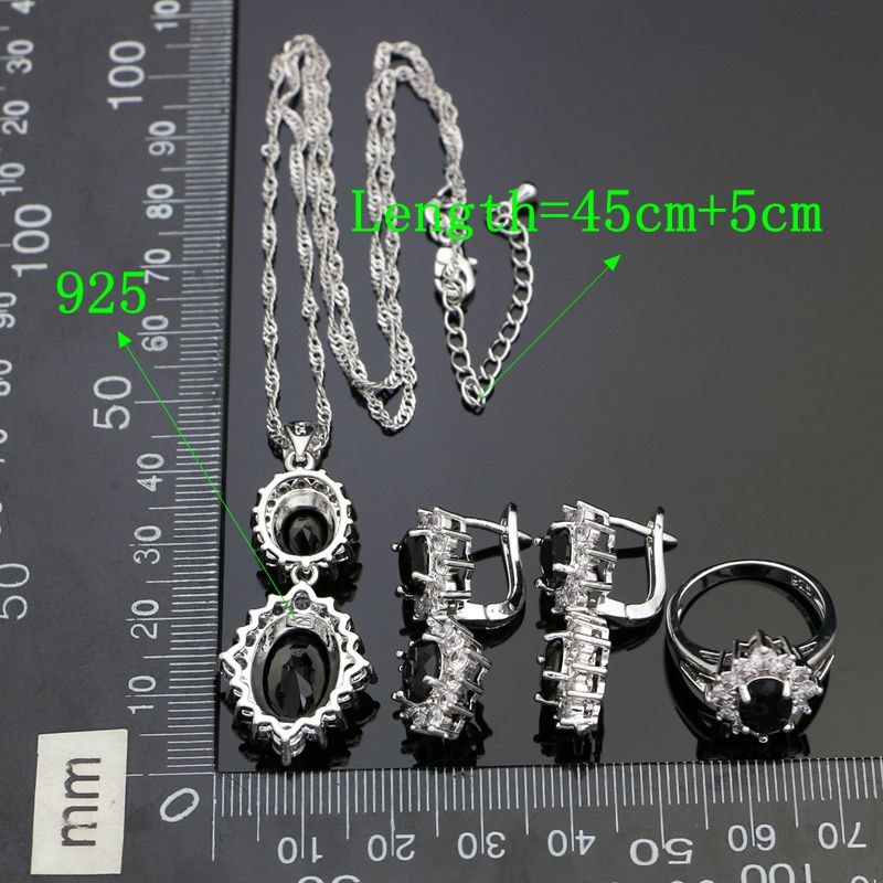 Party Accessories 925 Sterling Silver Jewelry Sets White Cubic Zirconia Black Stone Earrings Ring Necklace Pendant For Women