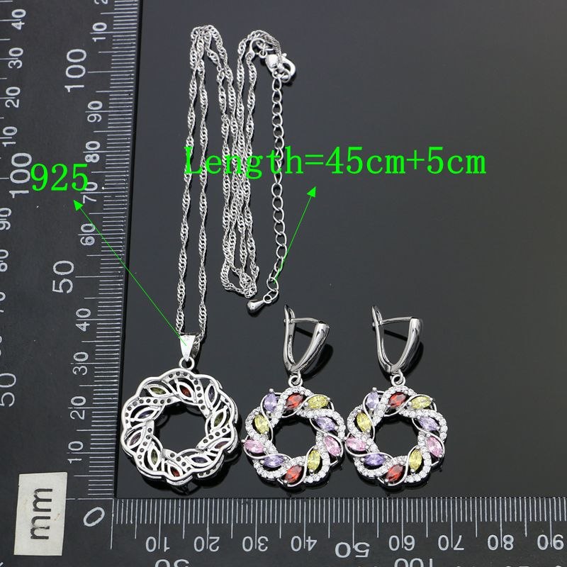 925 Silver Bridal Jewelry Sets For Women Multicolor Cubic Zirconia White Crystal Earrings/Bracelet/Necklace/Pendant Set