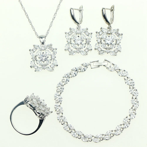 Flower 925 Silver Jewelry Sets Lovely White Zircon Stone For Women Wedding Pendant/Ring/Bracelet /Necklace/Earrings