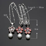 Flower Shaped 925 Silver Jewelry Sets Freshwater Pearls Red zircon For Women Wedding Earrings/Pendant/Ring/Necklace Set