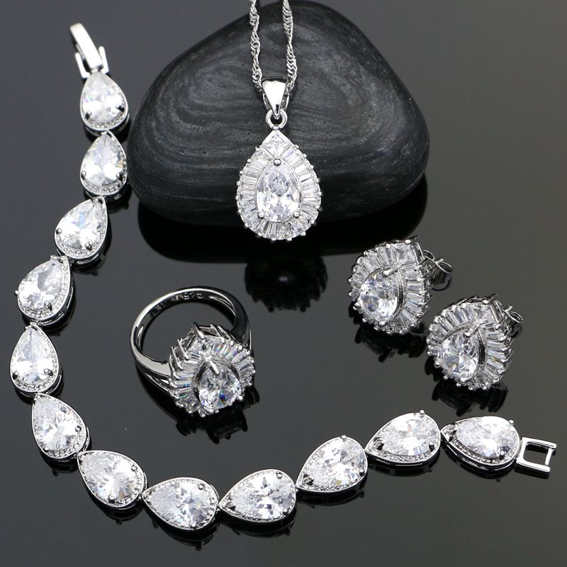 925 Sterling Silver Wedding Jewelry Sets For Women White Cubic Zirconia Crystal Earrings/Ring/Bracelet/Necklace/Pendant Set