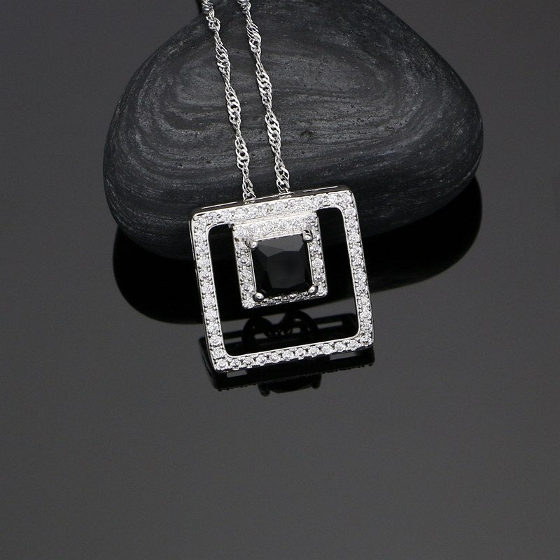 Hyperbole Black Cubic Zirconia White Crystal Silver 925 Jewelry Sets For Women Square Long Earrings/Pendant/Rings/Necklace Set