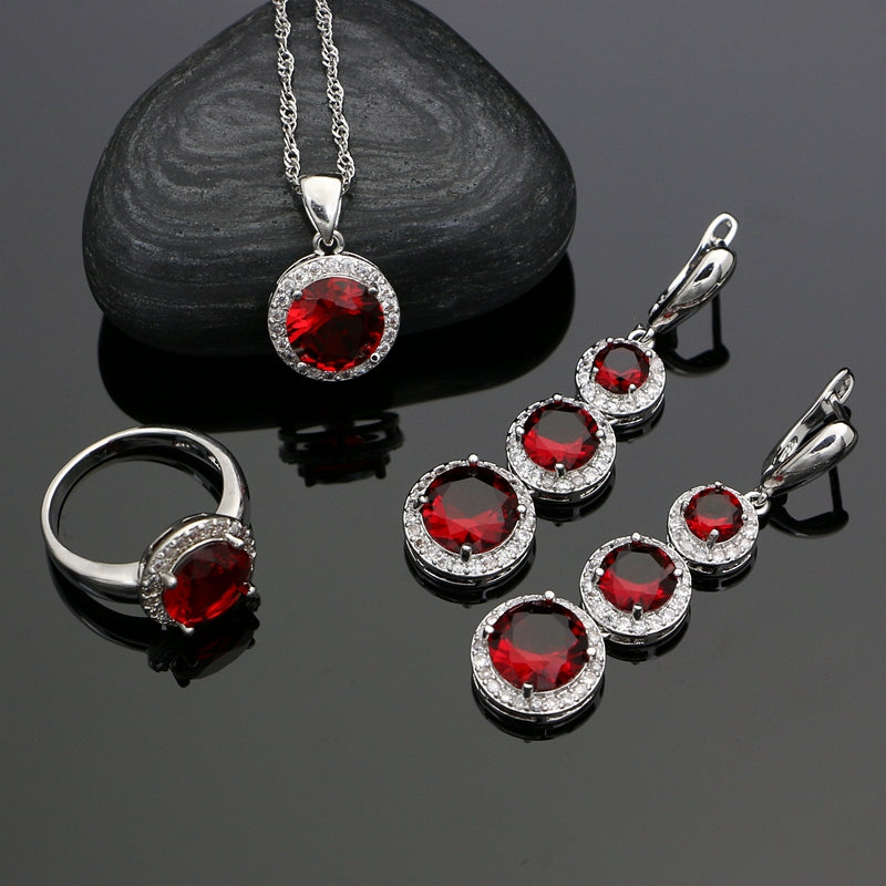 Round Red Cubic Zirconia Jewelry Set Sterling Silver 925 Jewelery For Women Earrings/Pendant/Necklace/Ring