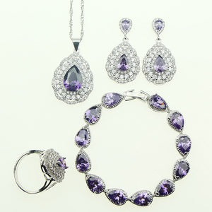 Fashion Women 925 Sterling Silver Jewelery Purple Cubic Zirconia Crystal Earrings/Pendant/Necklace/Ring/Bracelet Jewelry Sets 