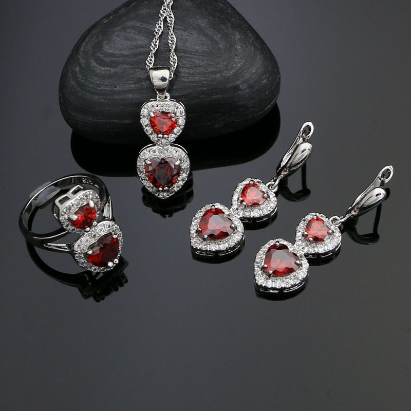 925 Sterling Silver Bridal Jewelry Sets For Women Heart Shaped Red Stone White Crystal Earrings/Rings/Pendant/Necklace Set