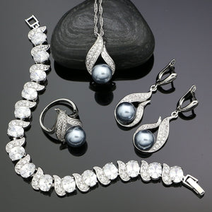 925 Silver Party Jewelry Sets For Women White Cubic Zirconia Grey Pearl Earrings Ring Bracelet Necklace Pendant Set