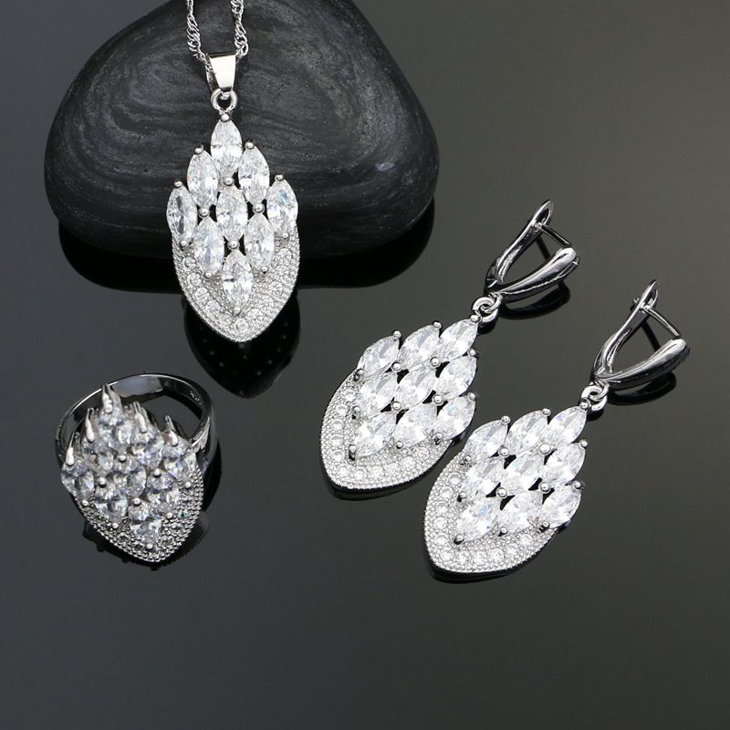 Classic 925 Sterling Silver Jewelry Sets For Bride Wedding Decoration White Crystal Earrings Ring Necklace Pendant Set