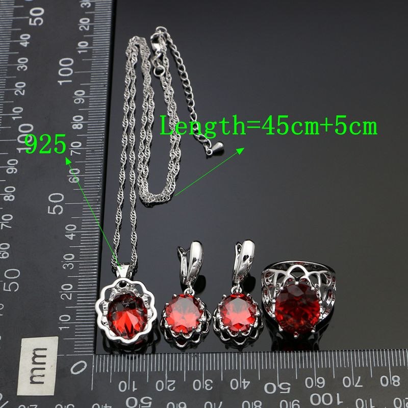 Classic 925 Silver Jewelry Sets For Bride Wedding Decoration Red Cubic Zirconia Earrings/Pendant/Necklace/Ring/Bracelet Set