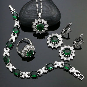 925 Sterling Silver Jewelry Sets For Women Green Stone White Cubic Zirconia Earrings/Pendant/Necklace/Ring/Bracelet