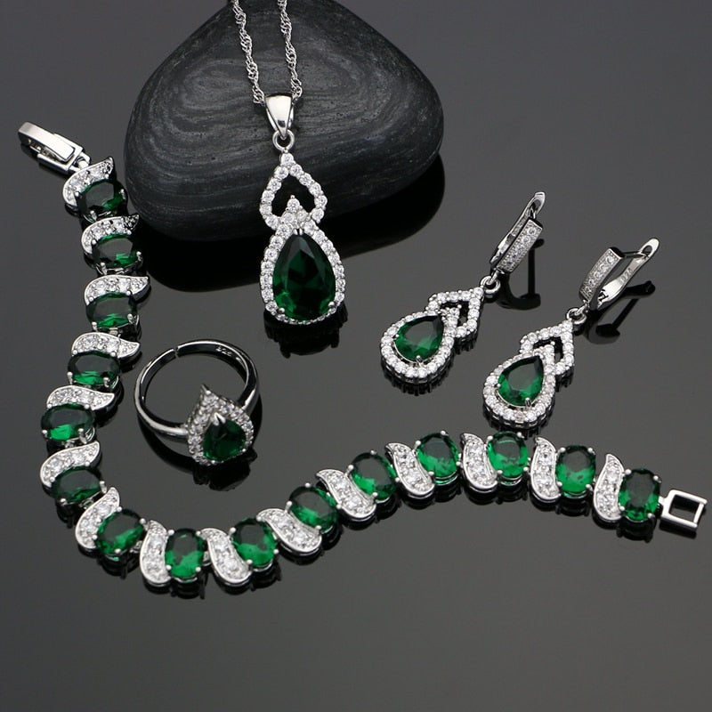 Green Cubic Zirconia 925 Sterling Silver Bridal Jewelry Sets White Crystal For Women Earrings With Stone Open Ring Necklace Set