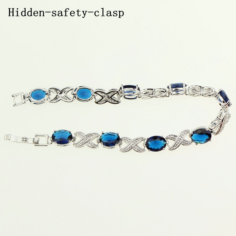 Bridal Captivating Blue Stone White Zircon Created 925 Sterling Silver Jewelry Link Chain Bracelet Length 18.5cm Free Gift Box