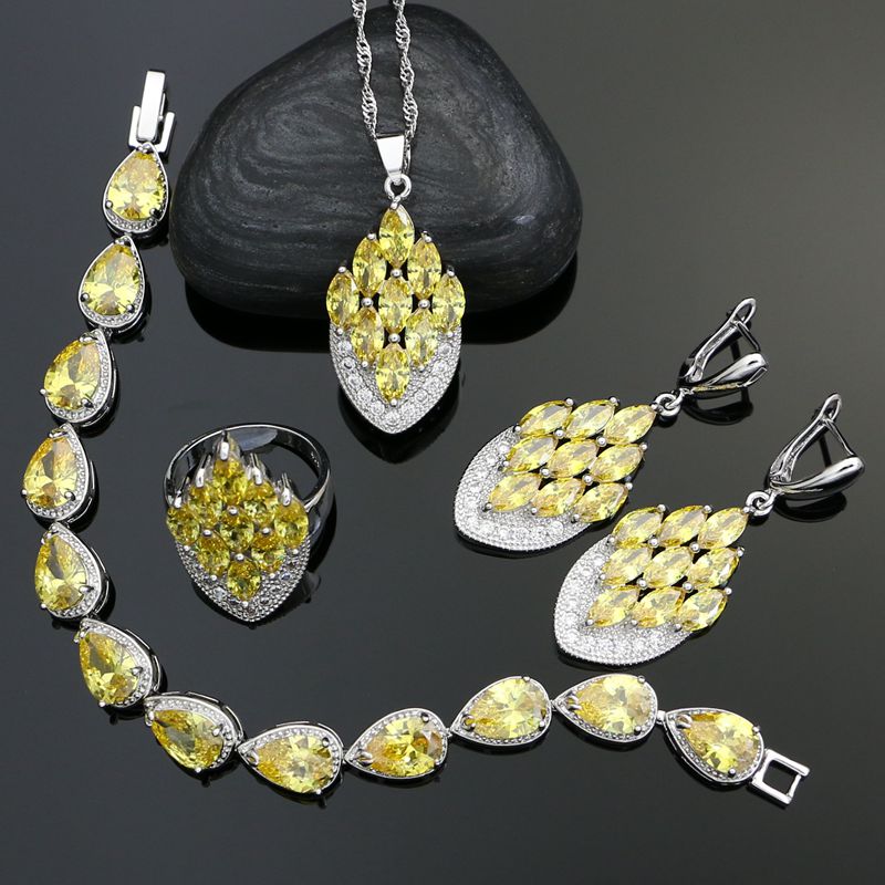 925 Silver Wedding Jewelry Sets For Bride Yellow Cubic Zirconia White Crystal Earrings/Ring/Bracelet/Necklace/Pendant Set