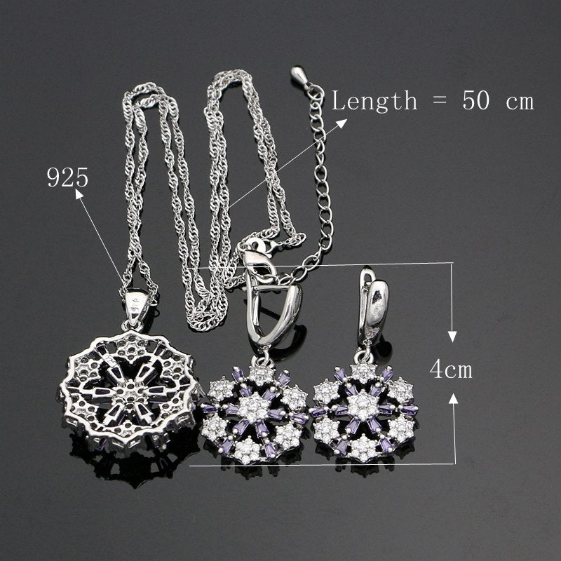 925 Sterling Silver Jewelry Sets Square  Purple CZ White Crystal For Women Wedding Bracelet/Pendant/Earrings/Ring/Necklace Set